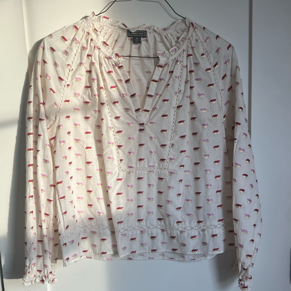 🕶️J.Crew Point Sur Metallic Embroidered Arrow Popover Blouse M pink/red/gold - Picture 4 of 9